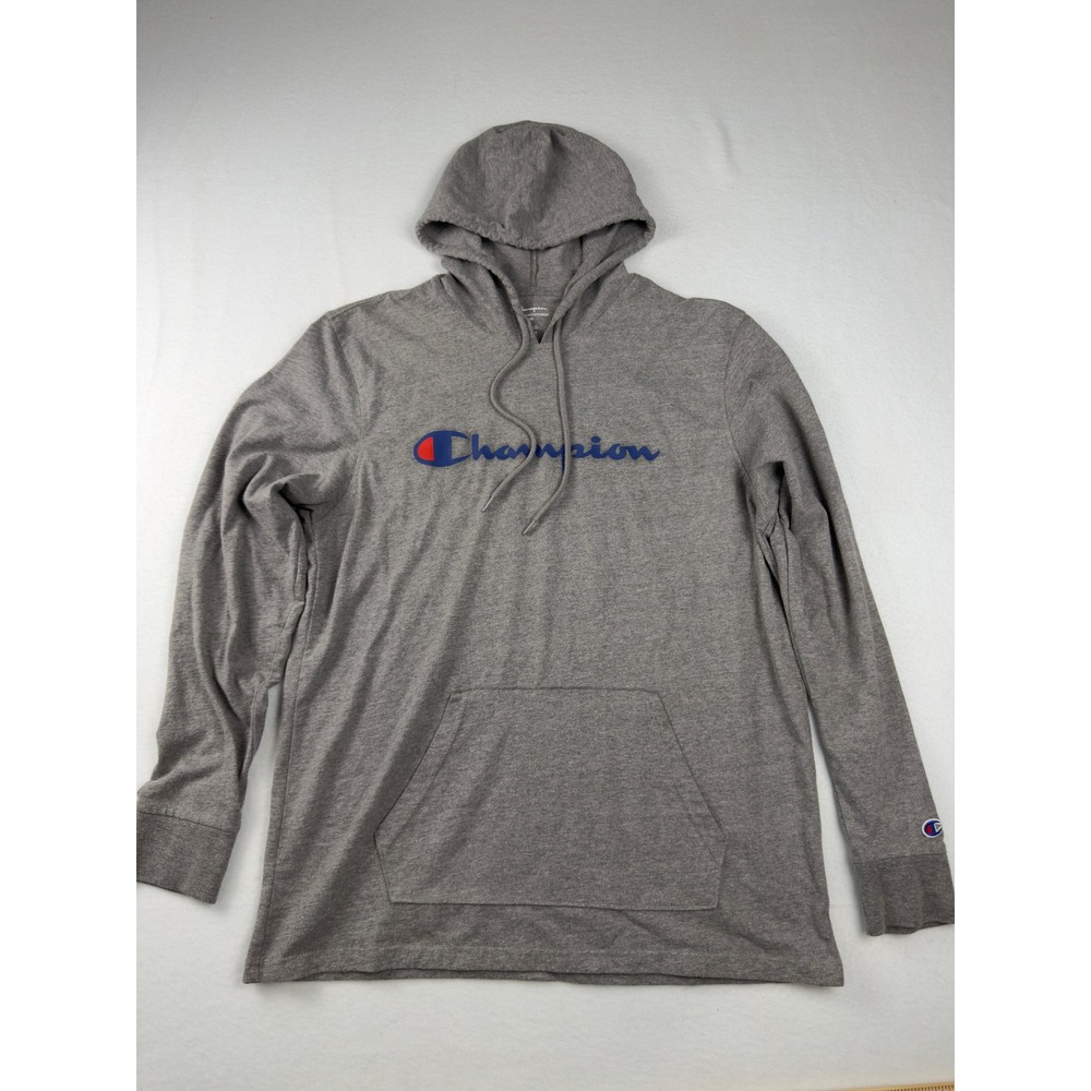 Champion Mens Heather Gray Script Logo Lightweight Jersey Hoodie Shirt Large